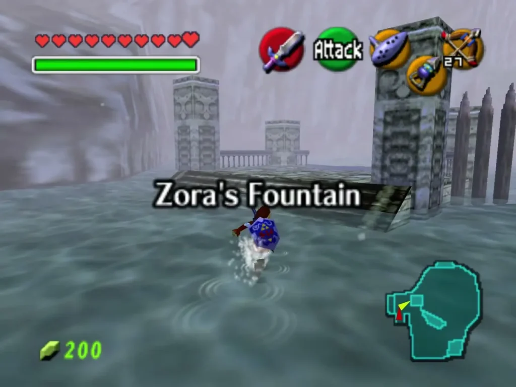 Link wading near Zora's Fountain with ice ruins in the fog Link wading near Zora's Fountain with ice ruins in the fog