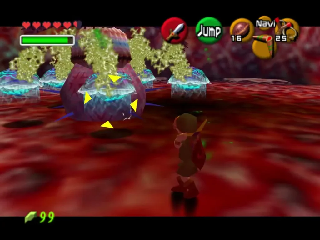 Electric arcs linking Barinade's jellyfish sacs, with Link on the red floor below Electric arcs linking Barinade's jellyfish sacs, with Link on the red floor below