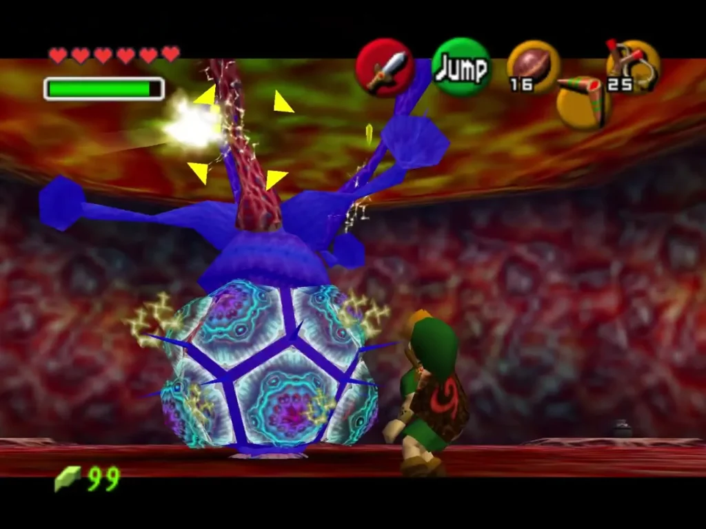 Barinade hanging from the ceiling by its tentacles, with yellow lock-on markers on them and Link below Barinade hanging from the ceiling by its tentacles, with yellow lock-on markers on them and Link below