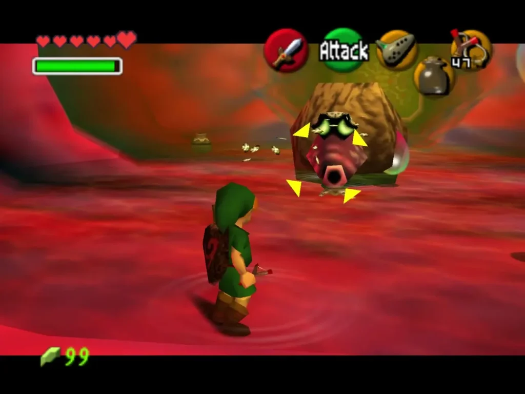 Link locking onto a creature on the belly wall with the Slingshot equipped Link locking onto a creature on the belly wall with the Slingshot equipped