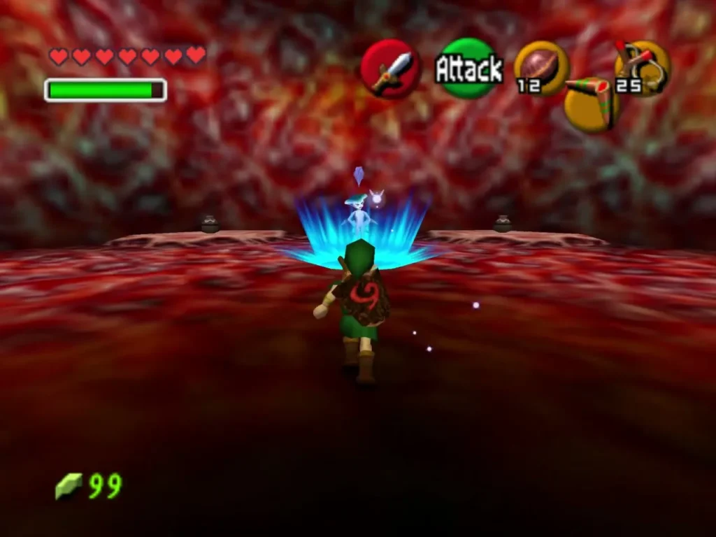 Link stepping into a blue warp light in the arena Link stepping into a blue warp light in the arena