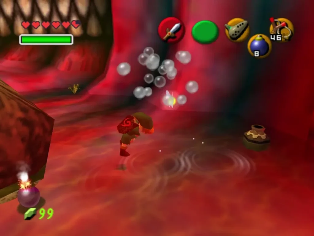 Link with a lit Bomb in a red chamber of Jabu-Jabu's belly Link with a lit Bomb in a red chamber of Jabu-Jabu's belly