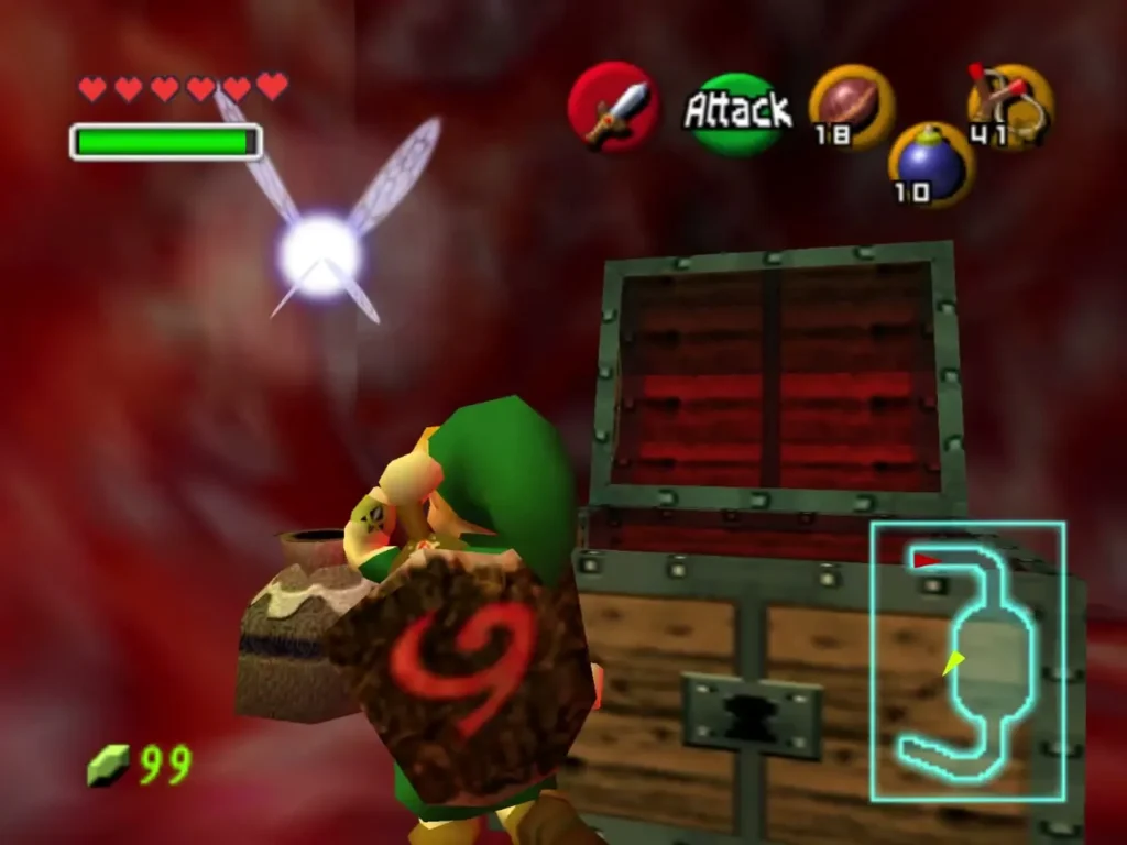 Link at an open chest in the red chamber with a fairy nearby Link at an open chest in the red chamber with a fairy nearby