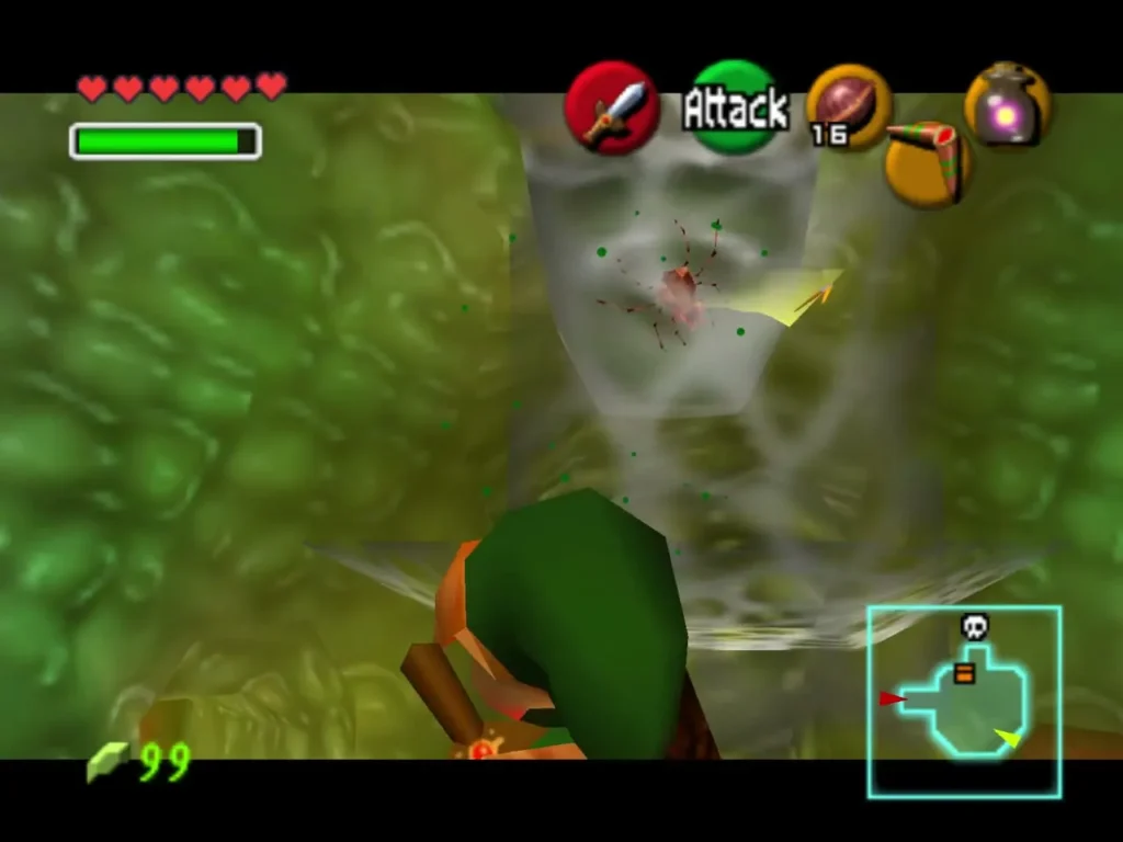 Link's Boomerang flying at a web-covered pillar in the green slime room Link's Boomerang flying at a web-covered pillar in the green slime room