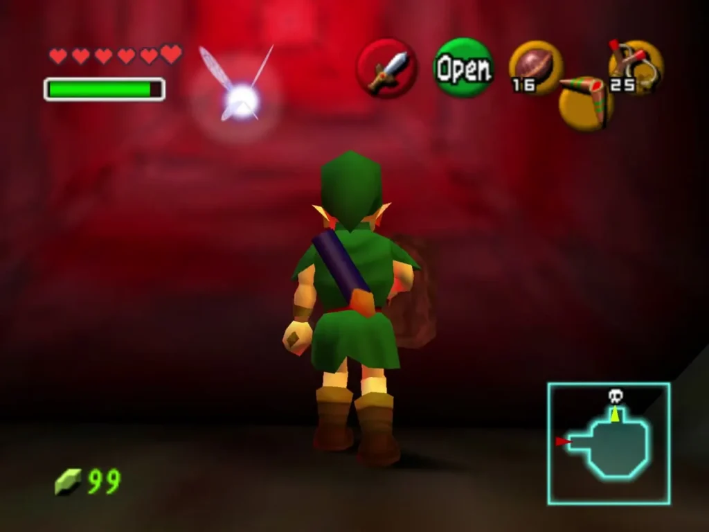 Link facing the red boss door with the Open prompt lit on the A button Link facing the red boss door with the Open prompt lit on the A button