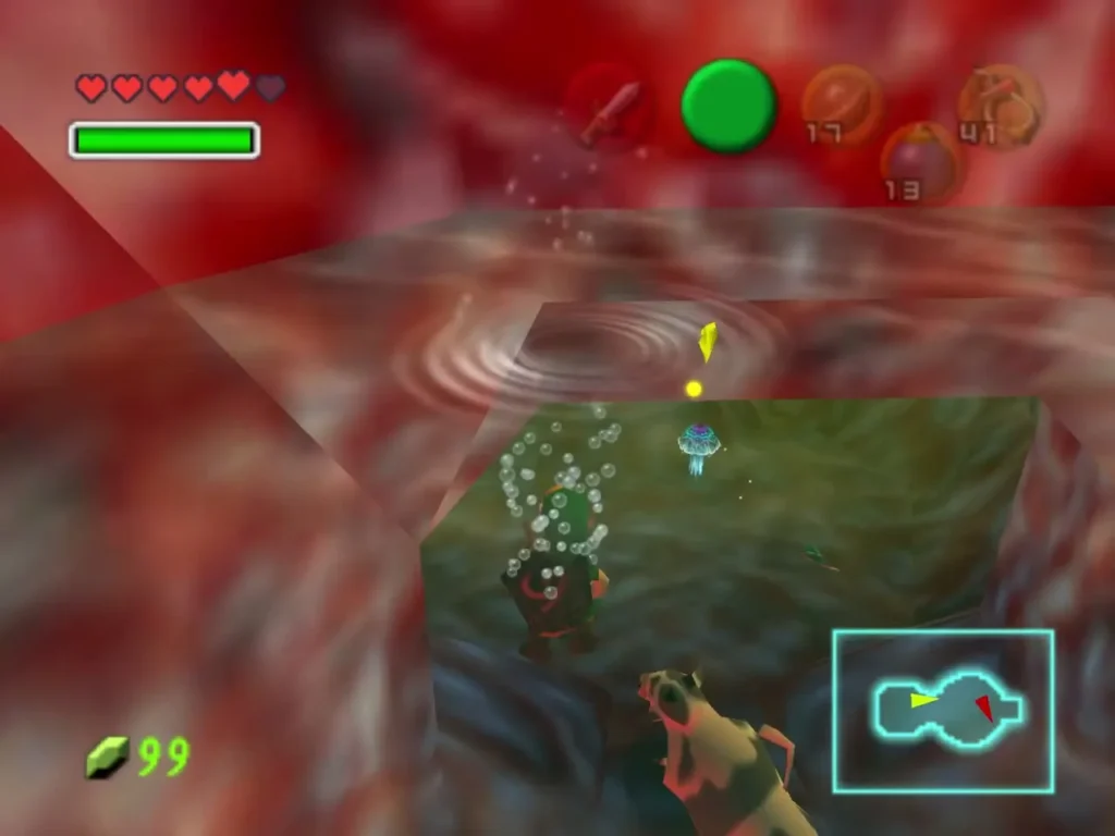 Link underwater by the water pads with a brown creature below Link underwater by the water pads with a brown creature below