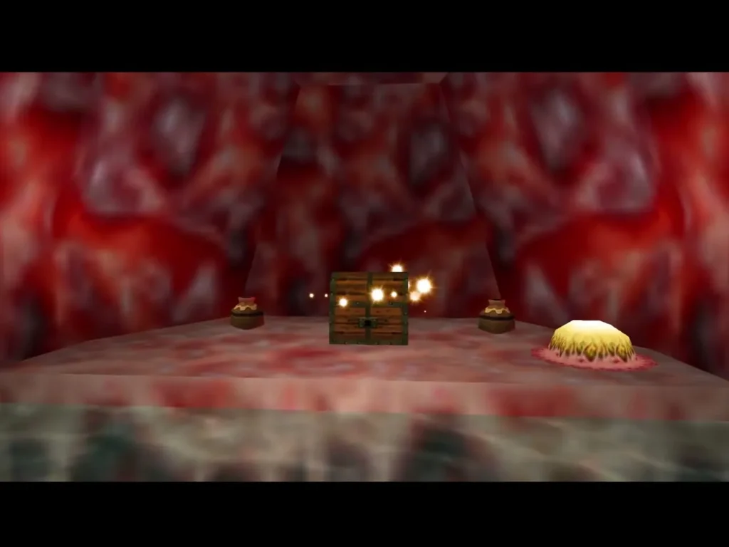 A chest appears with sparkles on a far pink platform A chest appears with sparkles on a far pink platform
