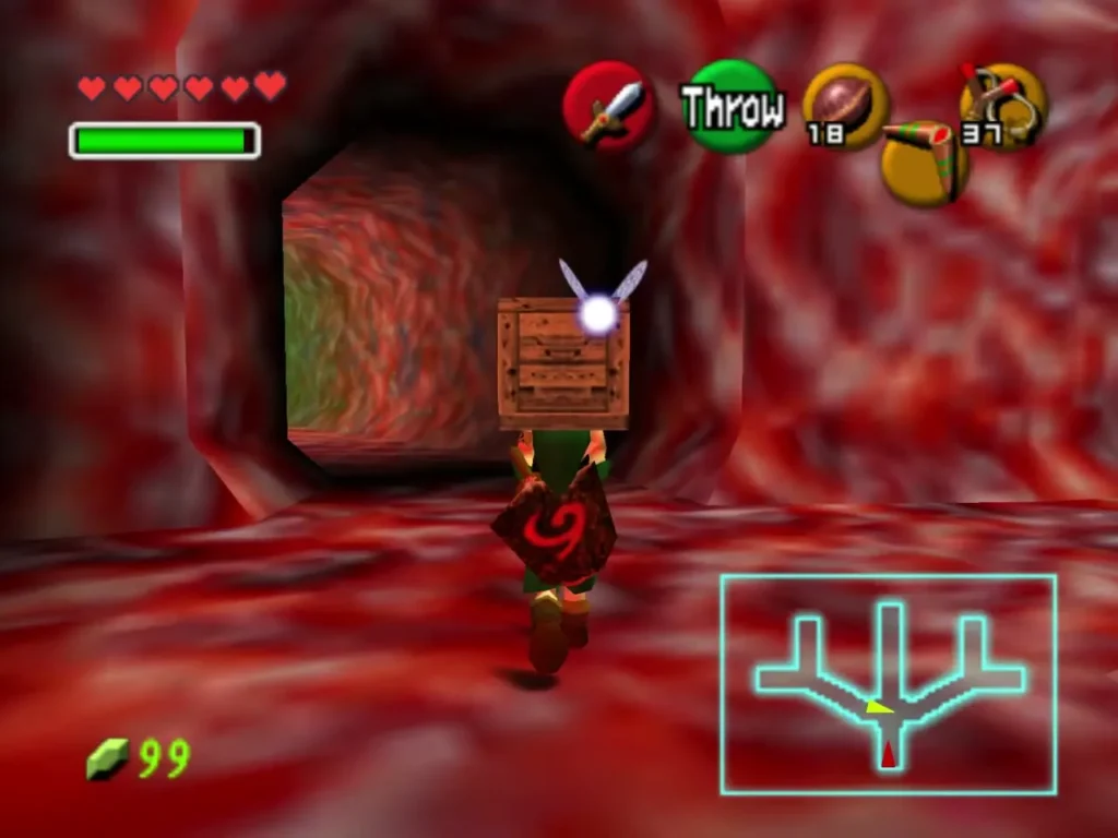 Link carrying a wooden crate overhead down a tunnel Link carrying a wooden crate overhead down a tunnel