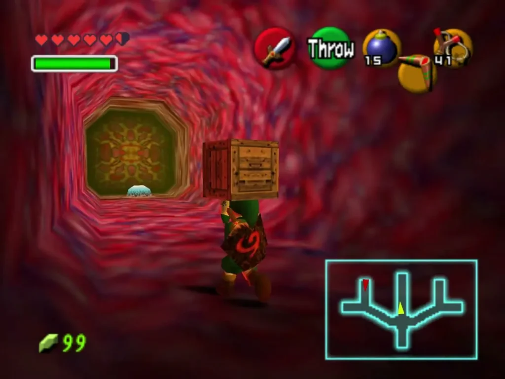 Link carrying a wooden crate overhead toward a glowing doorway Link carrying a wooden crate overhead toward a glowing doorway