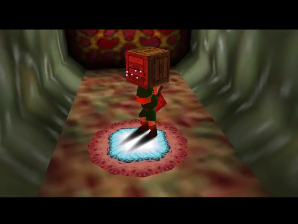 Link standing on a frosted pressure pad while carrying a wooden crate overhead Link standing on a frosted pressure pad while carrying a wooden crate overhead