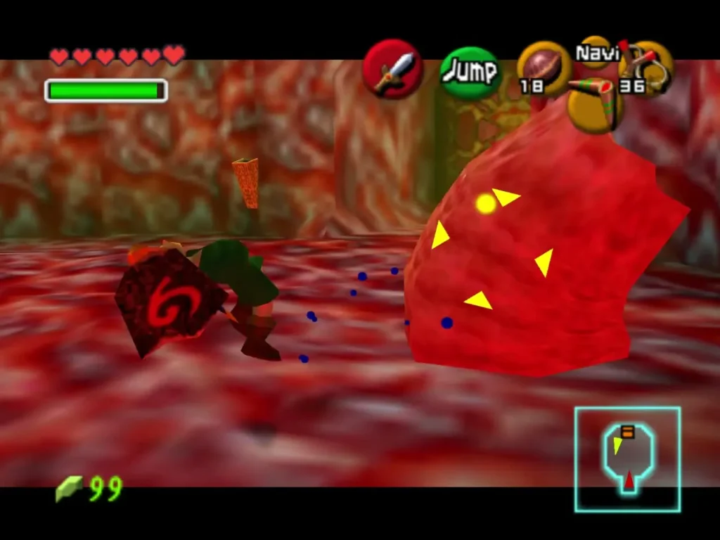 Link facing a red cube-shaped shelled enemy Link facing a red cube-shaped shelled enemy
