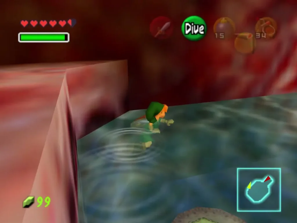 Link diving into the water room beside a pink ledge Link diving into the water room beside a pink ledge