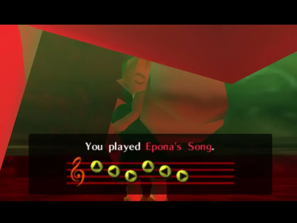 Link playing Epona's Song, with the box that reads You played Epona's Song Link playing Epona's Song, with the box that reads You played Epona's Song