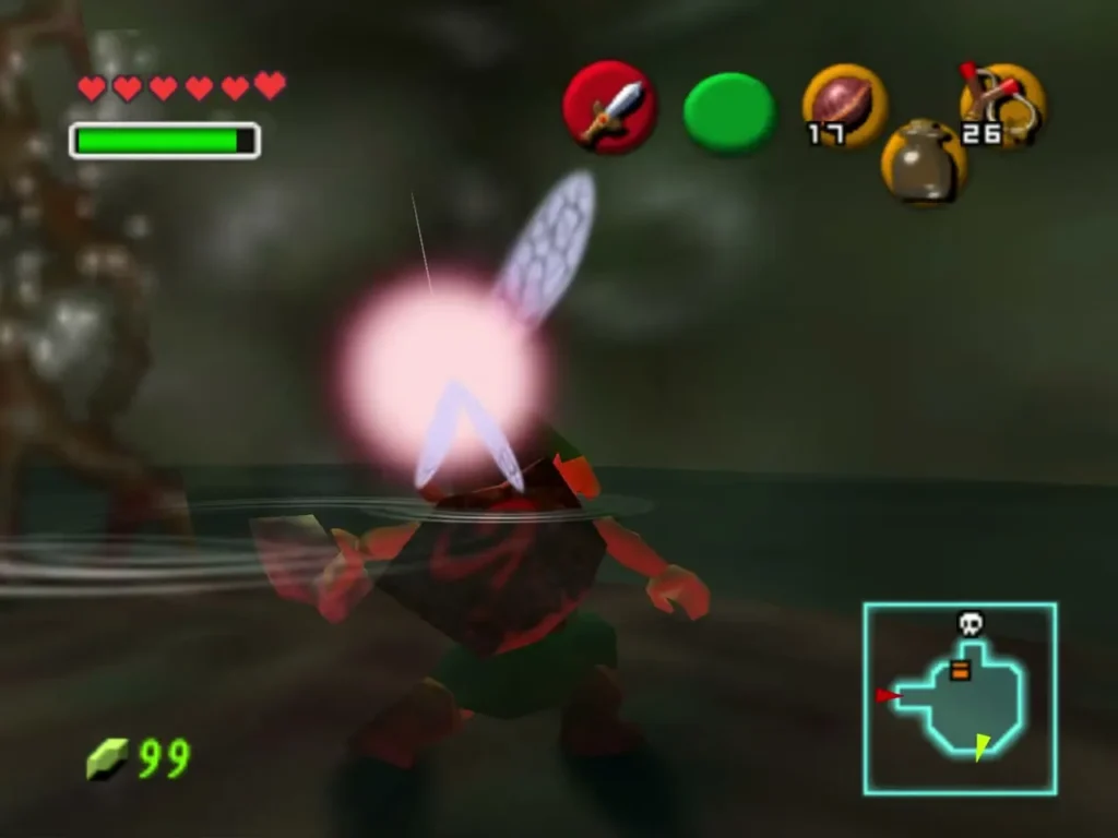 Link catching a glowing Fairy in the shallow water room Link catching a glowing Fairy in the shallow water room