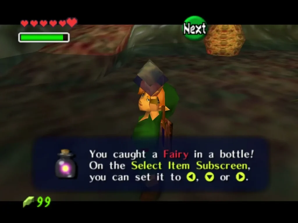 Link's message box reading You caught a Fairy in a bottle, with the bottle shown on screen Link's message box reading You caught a Fairy in a bottle, with the bottle shown on screen