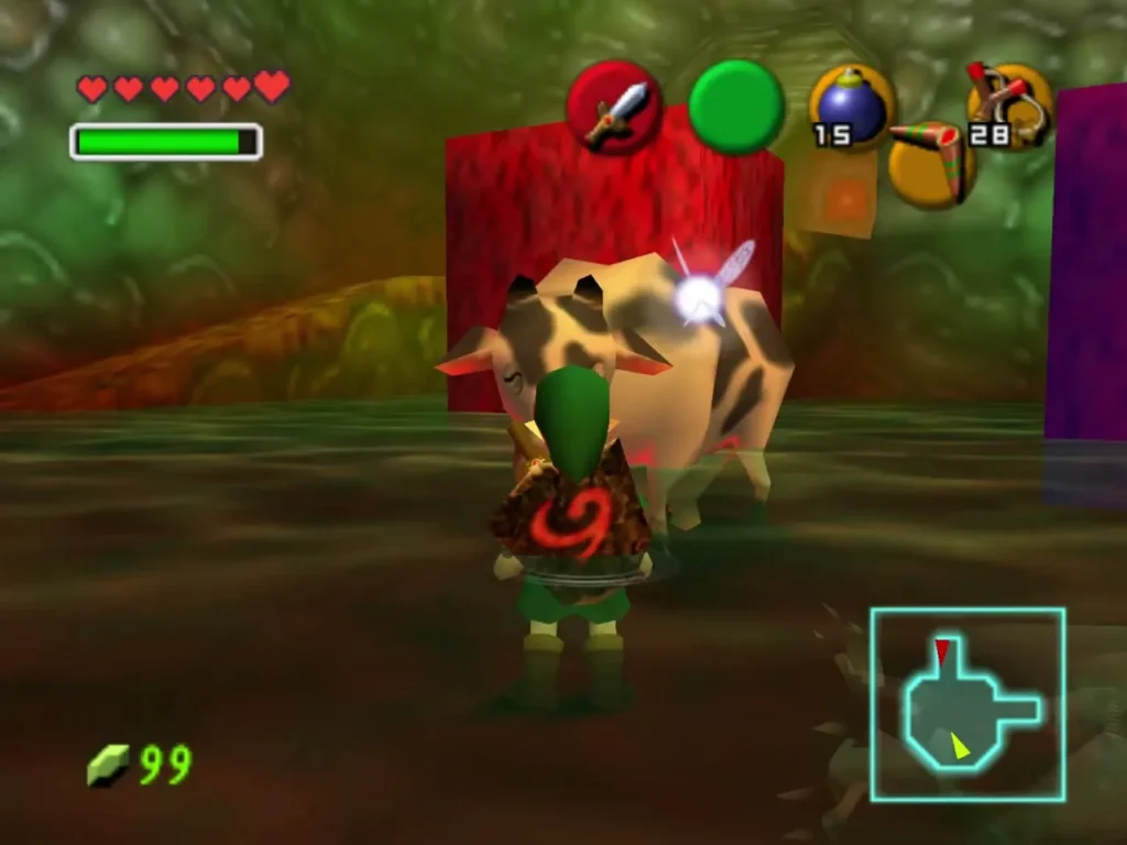 Link standing in front of a spotted cow in the green cow room Link standing in front of a spotted cow in the green cow room