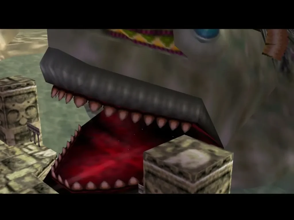 Lord Jabu-Jabu with its mouth wide open, showing rows of teeth Lord Jabu-Jabu with its mouth wide open, showing rows of teeth