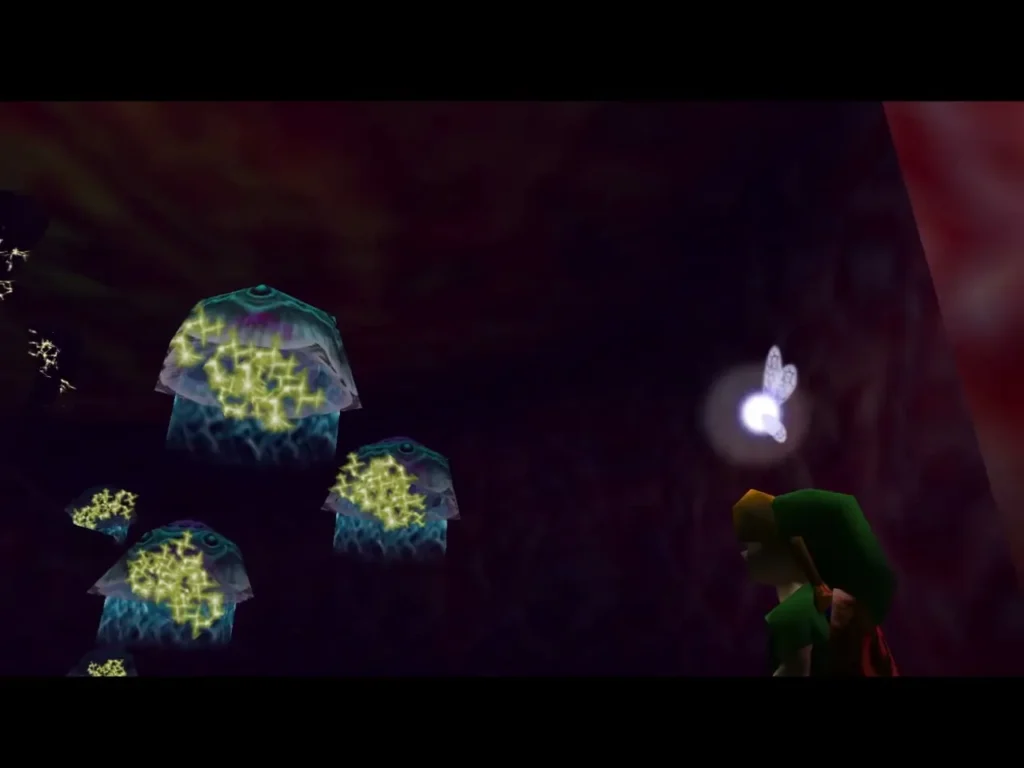 Glowing jellyfish clusters floating in the dark red chamber with Link beside them Glowing jellyfish clusters floating in the dark red chamber with Link beside them