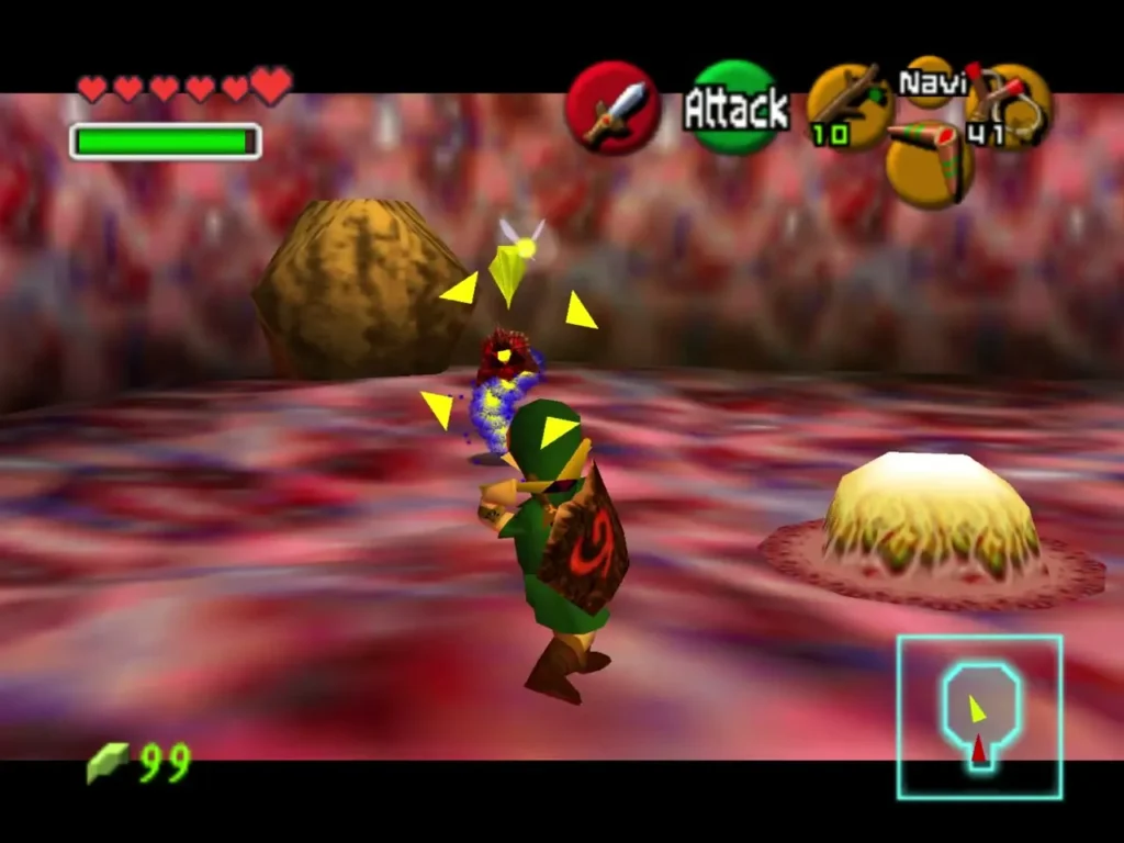 A blue Like-Like has dropped onto Link beside a golden shelled enemy A blue Like-Like has dropped onto Link beside a golden shelled enemy