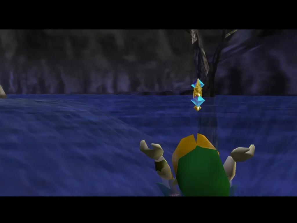 Link raising the Zora's Sapphire above his head in the fountain water Link raising the Zora's Sapphire above his head in the fountain water