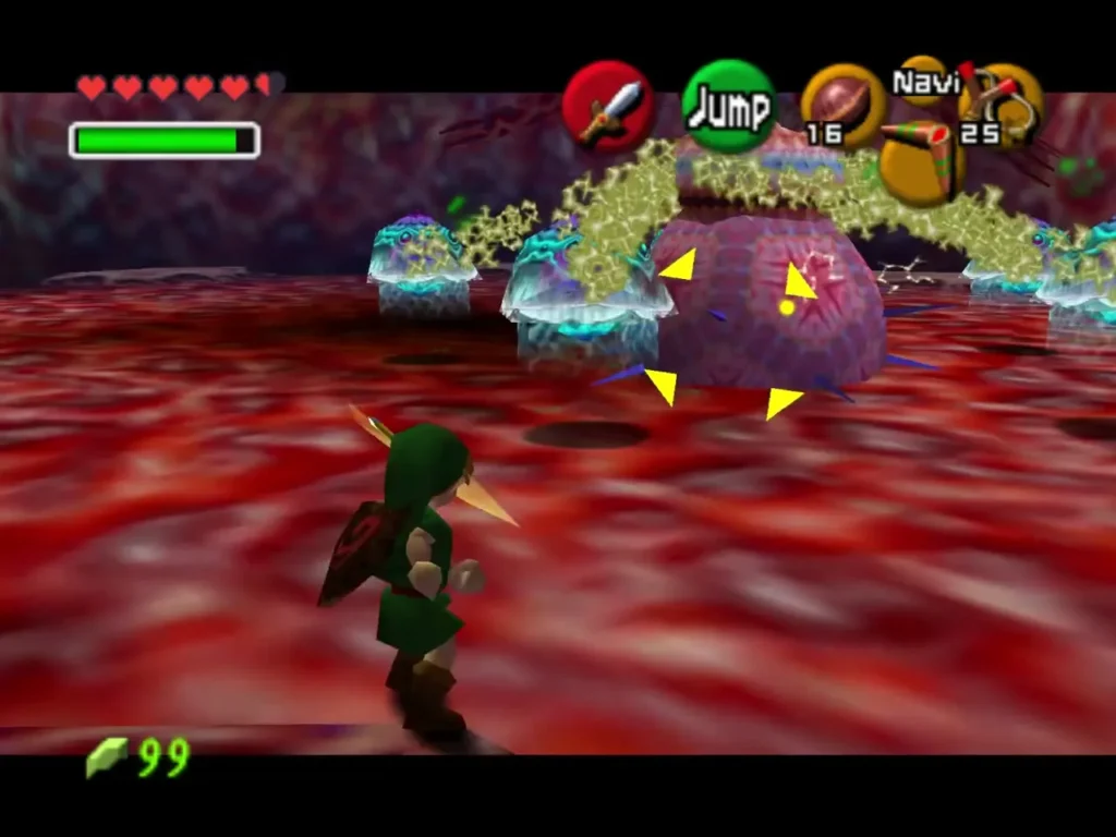 Link running past Barinade's tentacle lock-on targets in the red arena Link running past Barinade's tentacle lock-on targets in the red arena