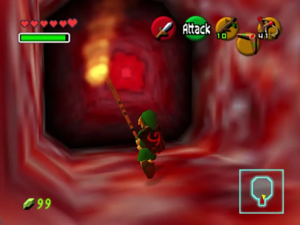 Link holding a lit Deku Stick up a red tunnel Link holding a lit Deku Stick up a red tunnel