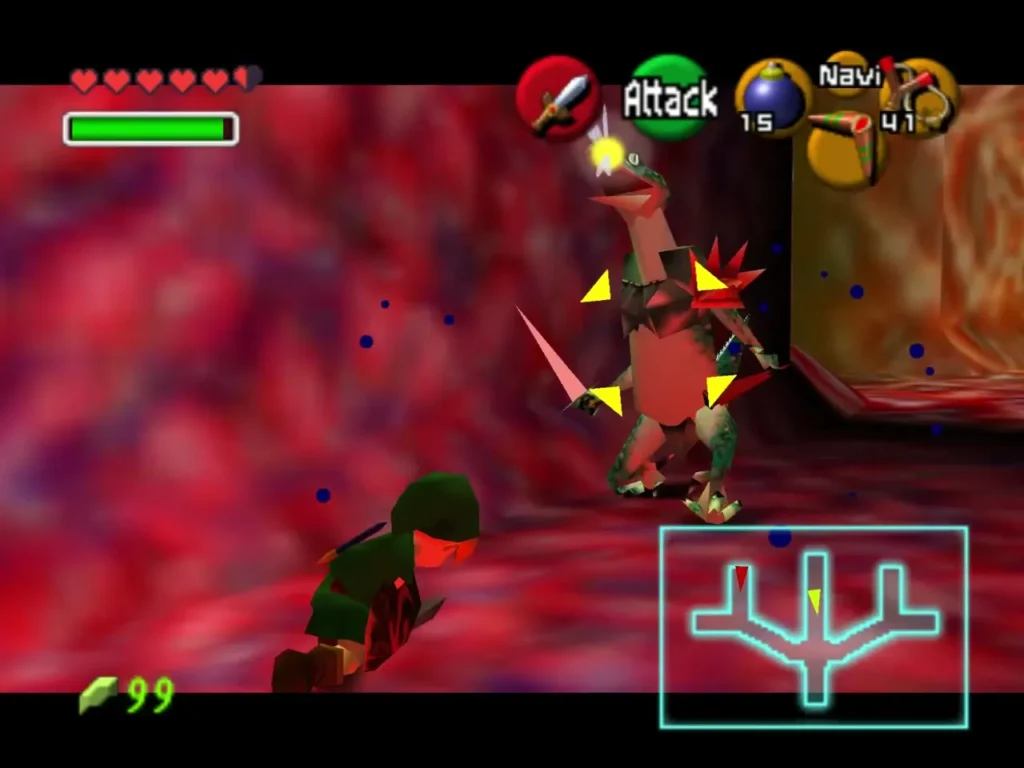 A red Lizalfos attacking Link in a red hall A red Lizalfos attacking Link in a red hall