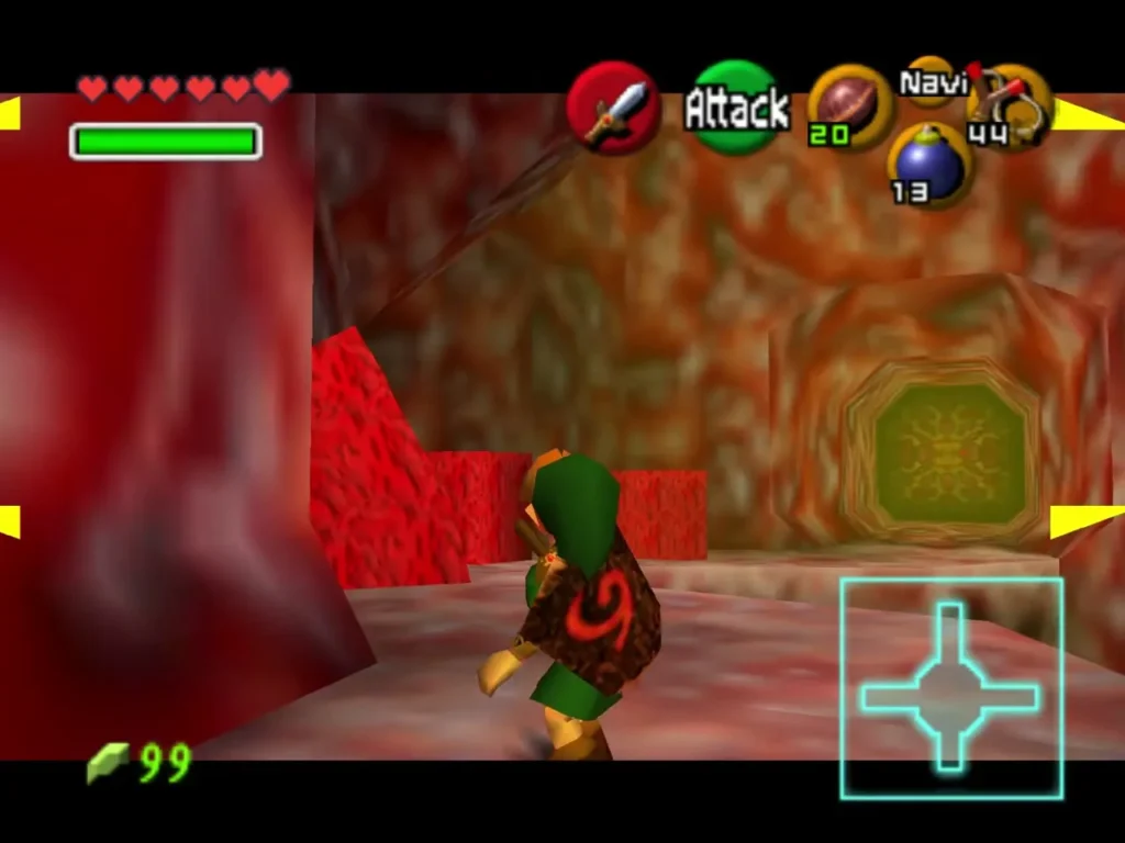 Link in a red flesh chamber, the room shaped like a plus sign Link in a red flesh chamber, the room shaped like a plus sign