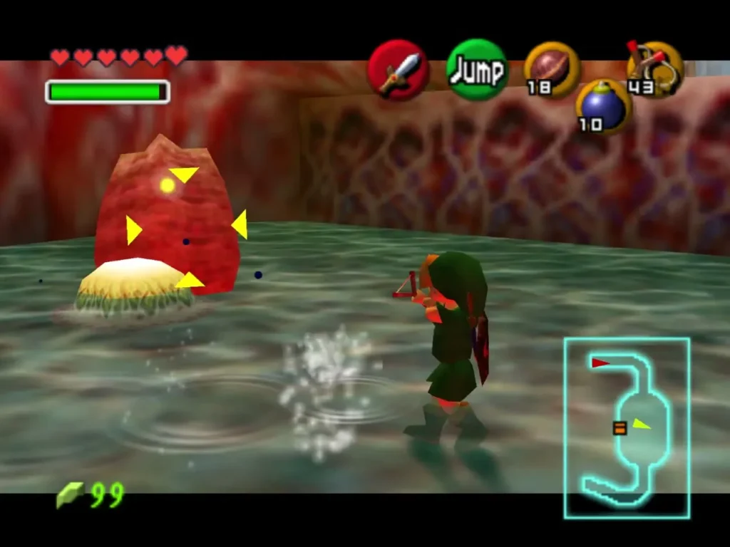 Link in a shallow pool facing a red enemy Link in a shallow pool facing a red enemy