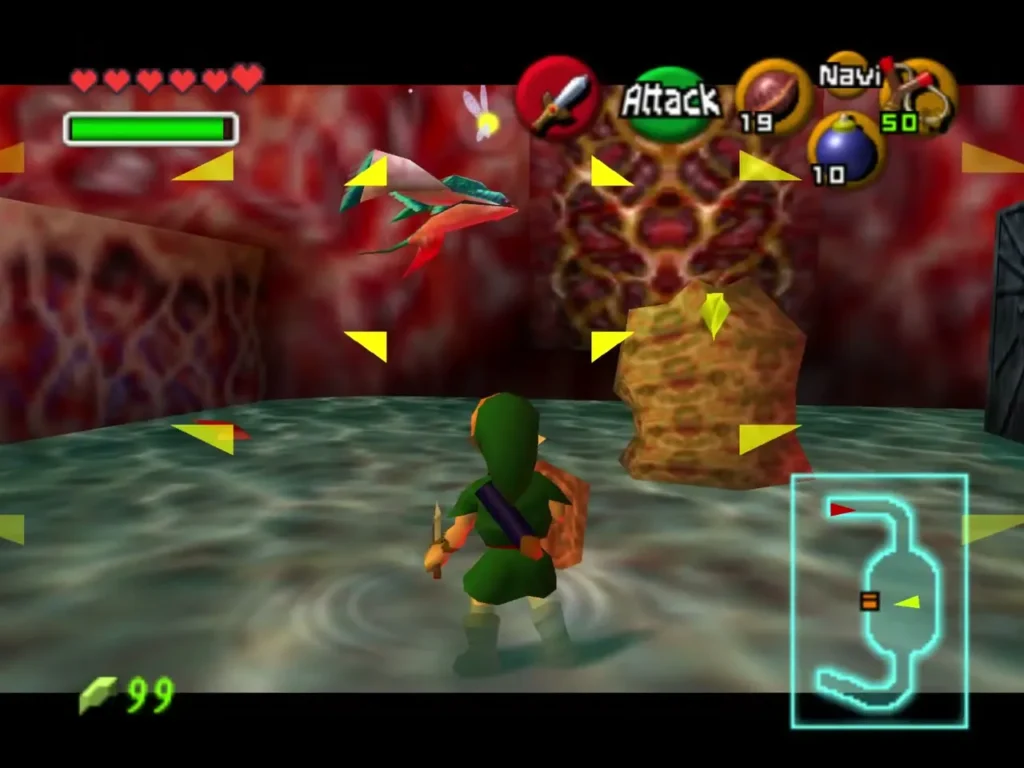 Link wading in a shallow pool with a stinger flying over the water Link wading in a shallow pool with a stinger flying over the water