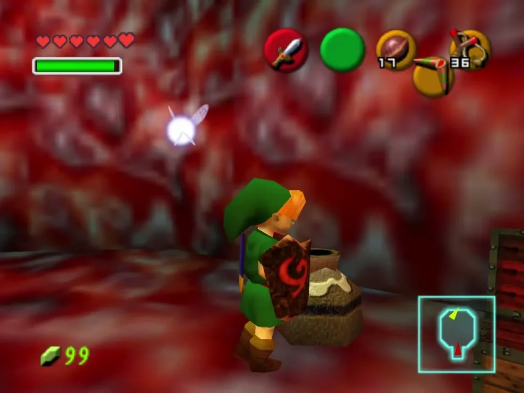 Link beside a pot in a red chamber near a wooden chest Link beside a pot in a red chamber near a wooden chest