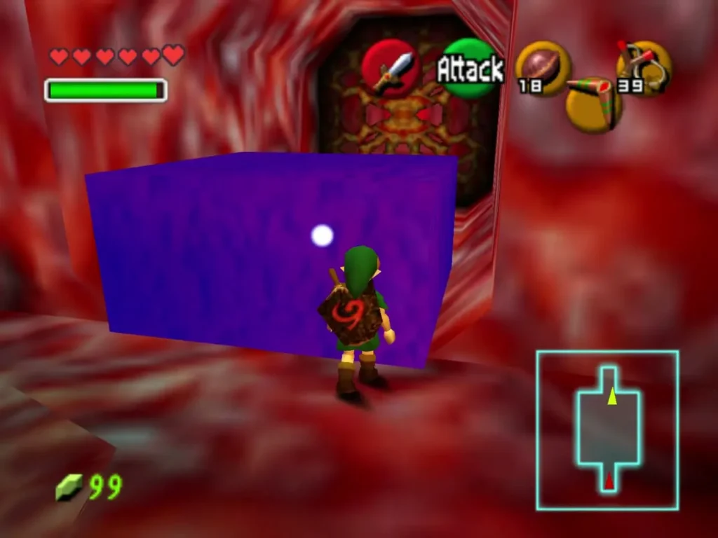 Link standing beside a purple block at the start of a red chamber Link standing beside a purple block at the start of a red chamber