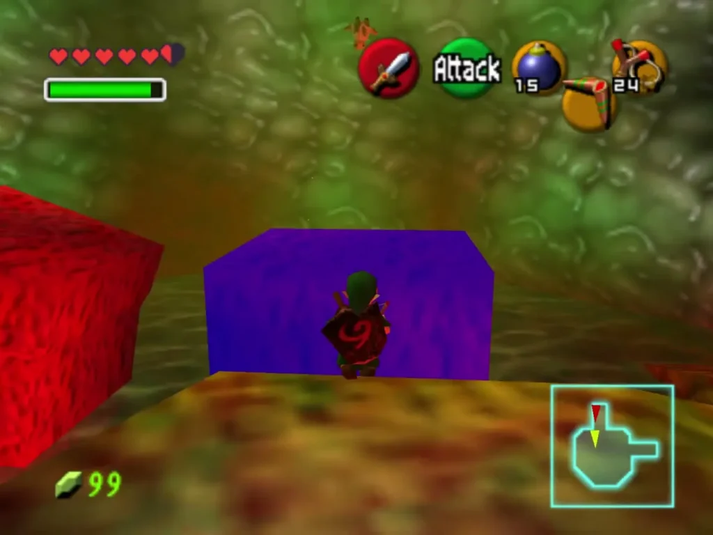 Link standing in front of a purple block in the green-walled slime hall Link standing in front of a purple block in the green-walled slime hall