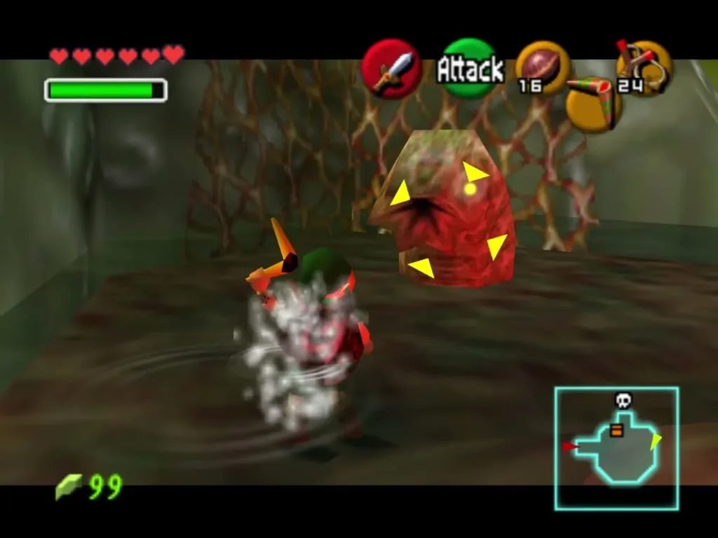 Link facing a red cube enemy in a slime corridor, its yellow markers showing the lock Link facing a red cube enemy in a slime corridor, its yellow markers showing the lock