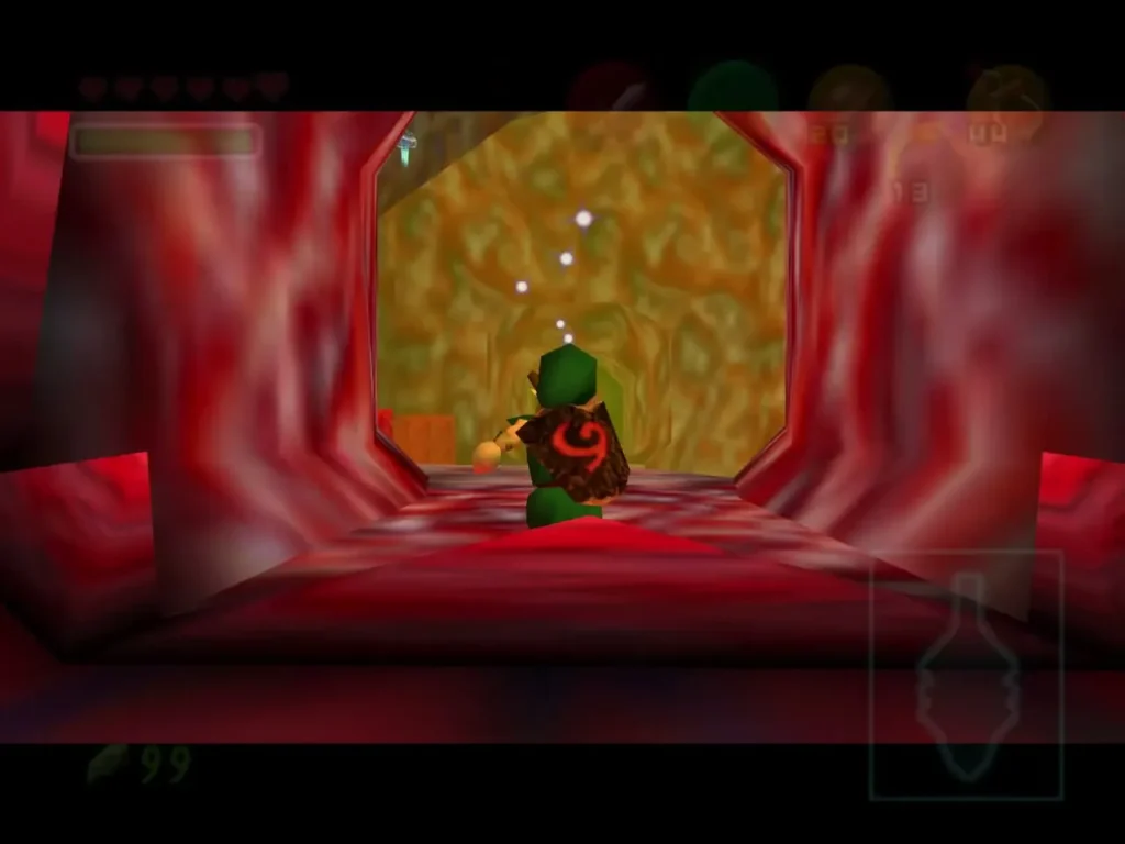 Link walking up a red tunnel toward a golden membrane Link walking up a red tunnel toward a golden membrane