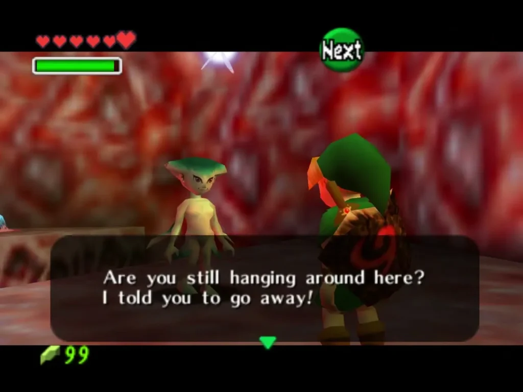 Ruto telling Link to go away, with the dialogue box on screen Ruto telling Link to go away, with the dialogue box on screen