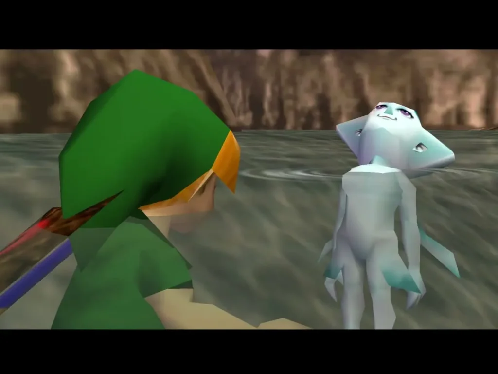 Ruto standing in the fountain water beside Link as she offers her stone Ruto standing in the fountain water beside Link as she offers her stone