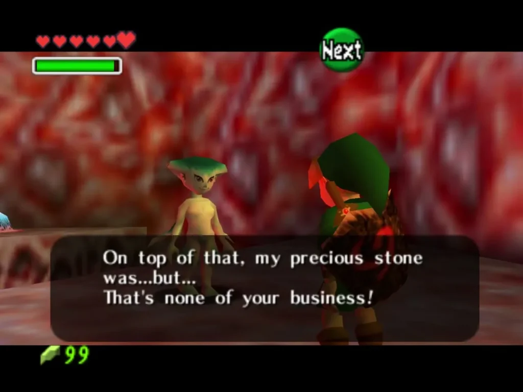 Ruto talking to Link in the belly room, with the dialogue box on screen Ruto talking to Link in the belly room, with the dialogue box on screen
