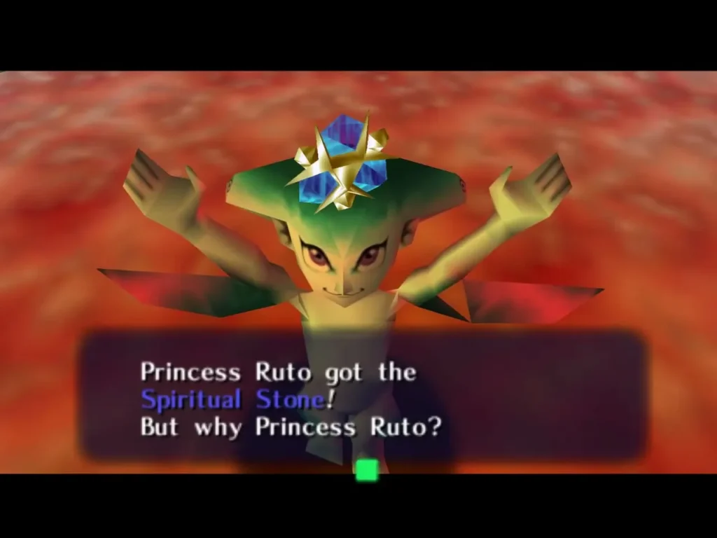 Ruto holding the Spiritual Stone above a message box in a red chamber Ruto holding the Spiritual Stone above a message box in a red chamber