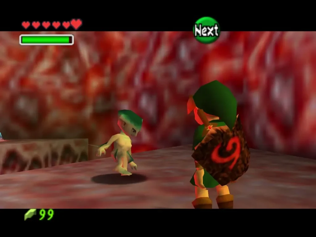 Ruto walking away from Link across the red floor Ruto walking away from Link across the red floor