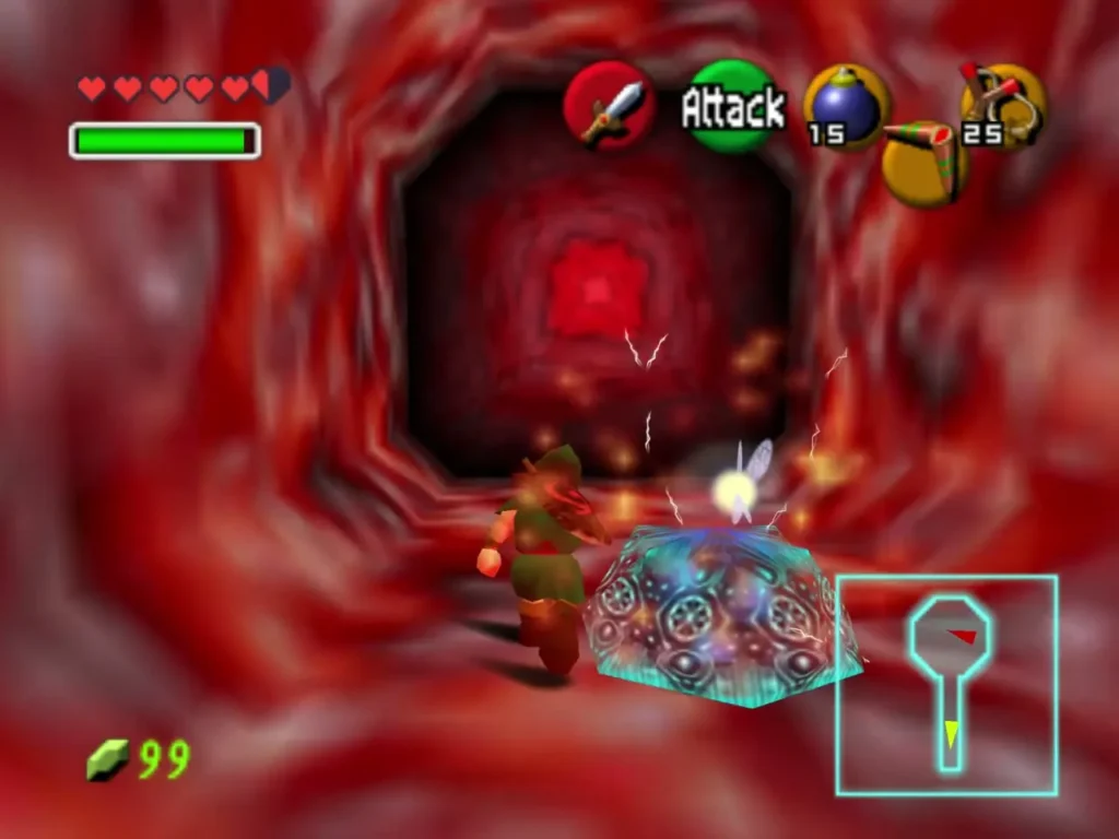 Link in the red slime hall beside a blue block as electric arcs crackle along the walls Link in the red slime hall beside a blue block as electric arcs crackle along the walls