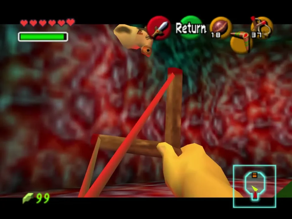 Slingshot drawn in first person toward a small creature Slingshot drawn in first person toward a small creature