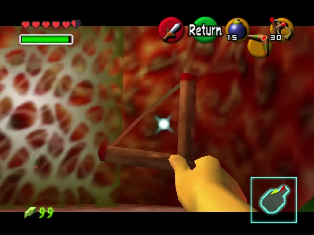 Slingshot drawn in first person toward a honeycomb web Slingshot drawn in first person toward a honeycomb web