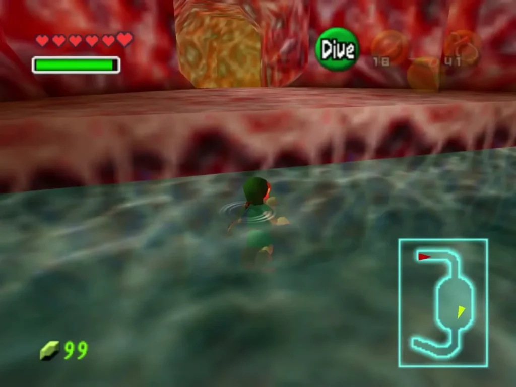 Link swimming across the pool toward the pink platform Link swimming across the pool toward the pink platform