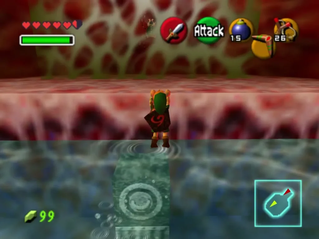 A round switch under the water with Link standing above it A round switch under the water with Link standing above it