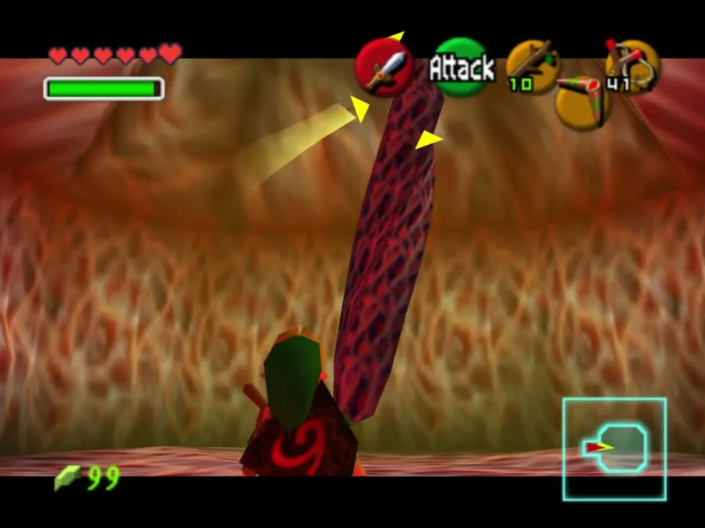 Link locked onto a hanging Parasitic Tentacle in a red tunnel Link locked onto a hanging Parasitic Tentacle in a red tunnel