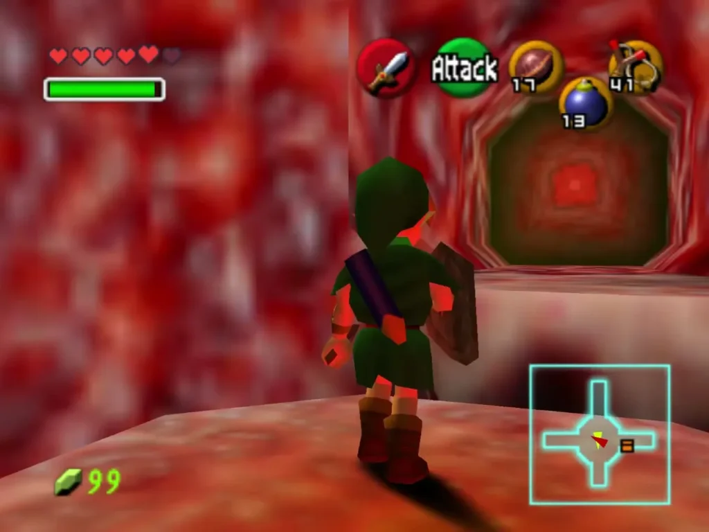 Link facing a red tunnel door set into the side wall of the belly Link facing a red tunnel door set into the side wall of the belly