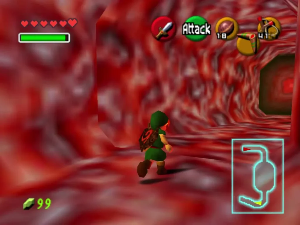 Link running down the red tunnel toward the exit Link running down the red tunnel toward the exit