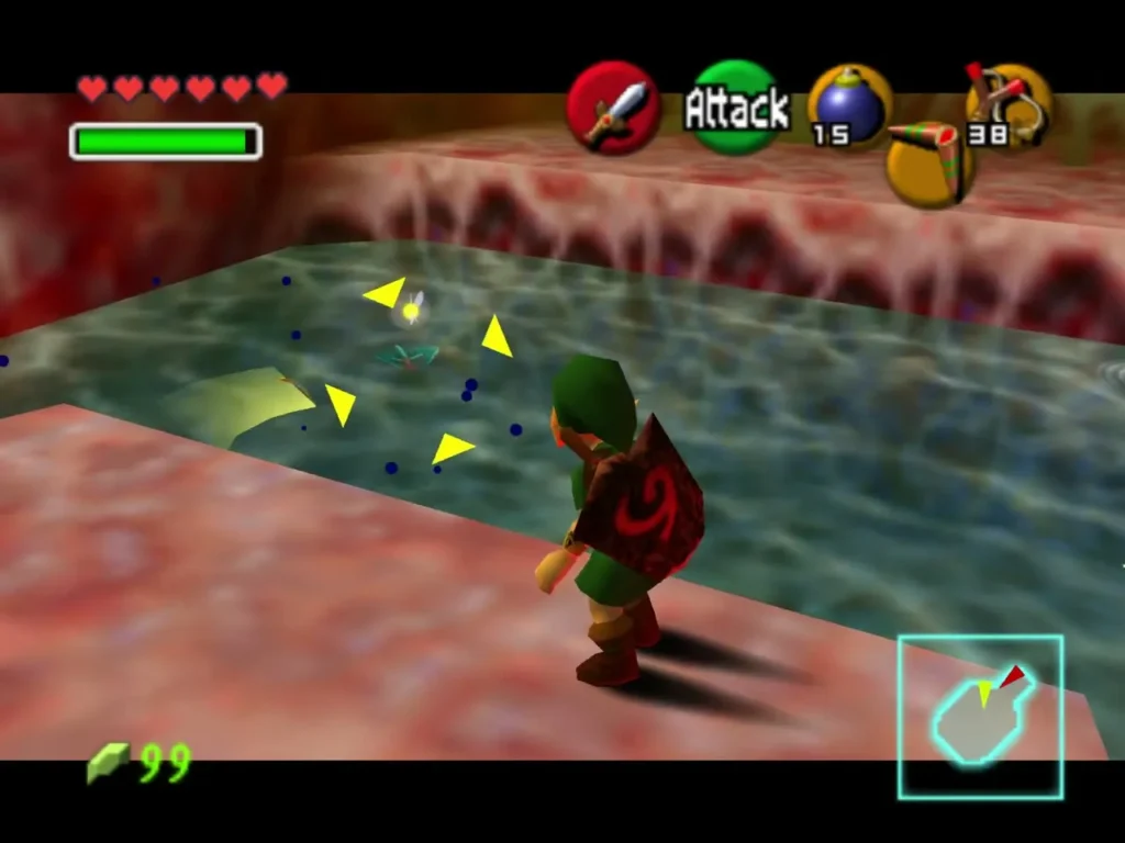 Link beside a yellow switch in a shallow water room Link beside a yellow switch in a shallow water room