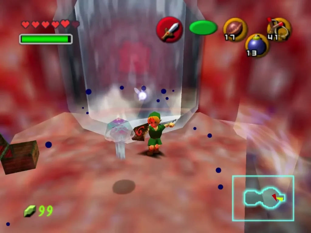Link at the foot of a waterfall, with water pads and a Biri jellyfish below Link at the foot of a waterfall, with water pads and a Biri jellyfish below